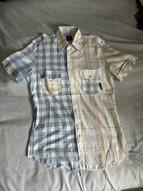 Dolce & Gabbana Split Plaid Short-Sleeve Shirt - Blue & Cream